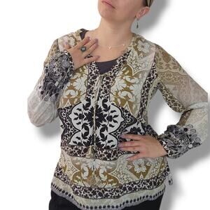 Hale Bob Silk Boho Top Cabana Tunic Chiffon M White‎ Olive Gray Blouse Coastal